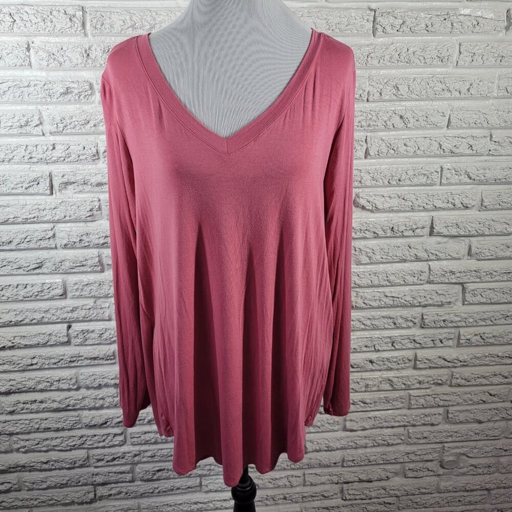 Zenana Pink Tunic Blouse 2X Plus Womens Long Sleeve V-Neck Rayon Top PIN26E